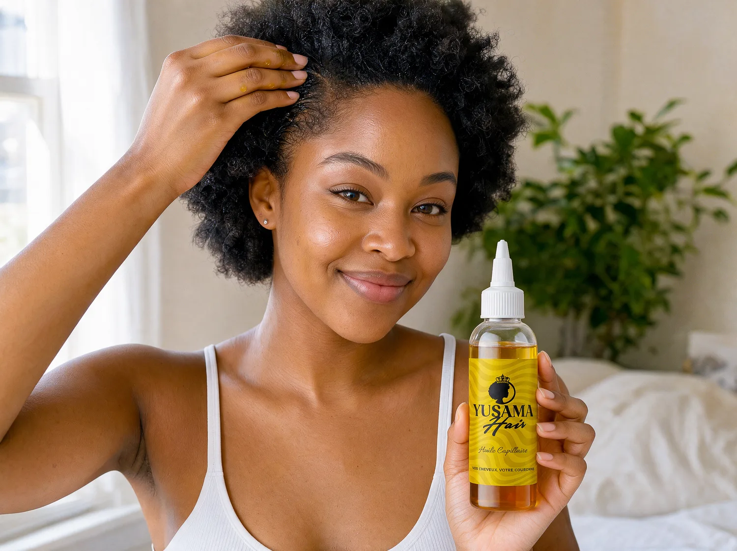 Cliente souriante appliquant l'huile capillaire Yusama Hair