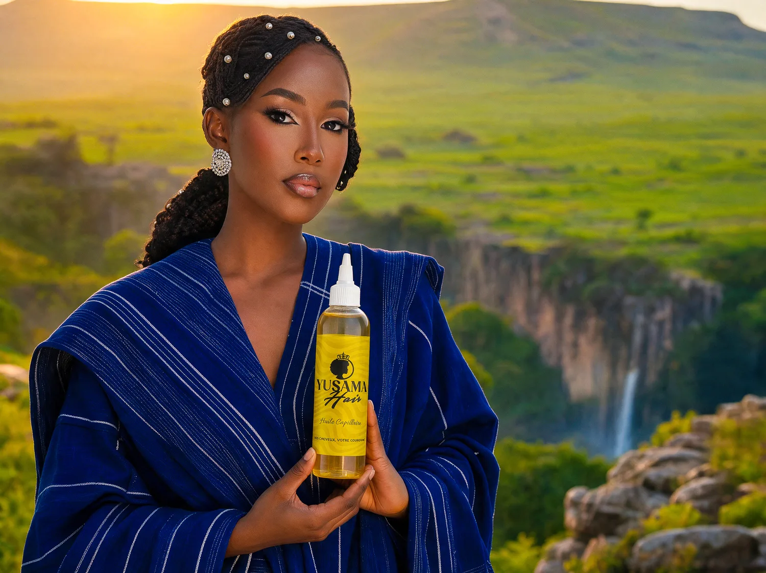 Femme en boubou bleu tenant l'huile Yusama Hair devant les montagnes de Guinée