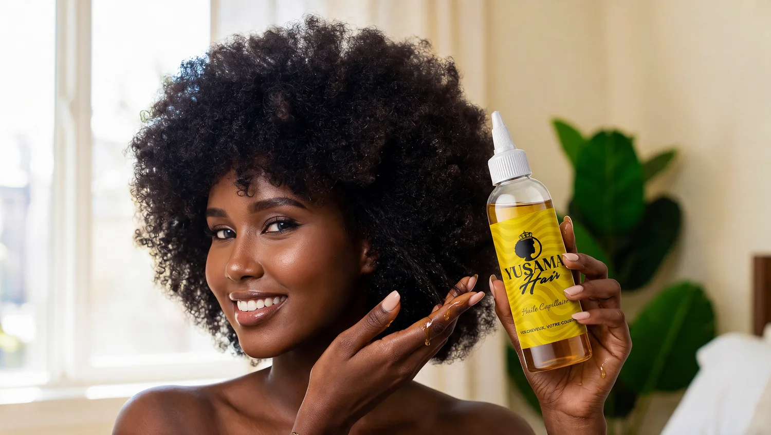 Cliente souriante avec l'huile capillaire Yusama Hair