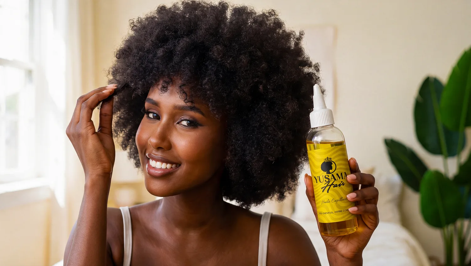 Portrait d'une cliente tenant l'huile capillaire Yusama Hair