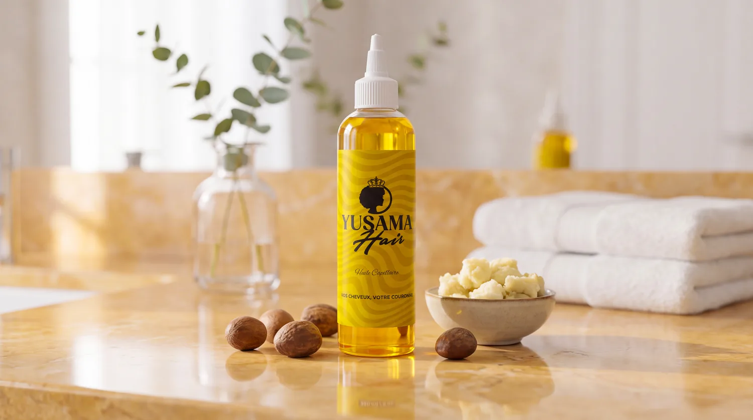 Huile Yusama Hair et beurre de karité sur un plan de marbre